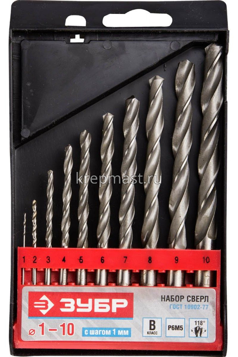 Набор сверел по металлу 10шт ЗУБР (1-10мм)